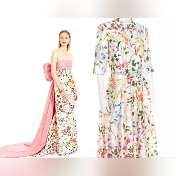°$2390 NEW W. TAG OSCAR DE LA RENTA  SILK LINED FLORAL RUNWAY MIDI DRESS US 10 L - Picture 1 of 8